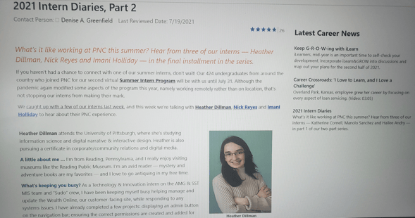 Heather's feature on PNC's "Intern Spotlights" intranet series